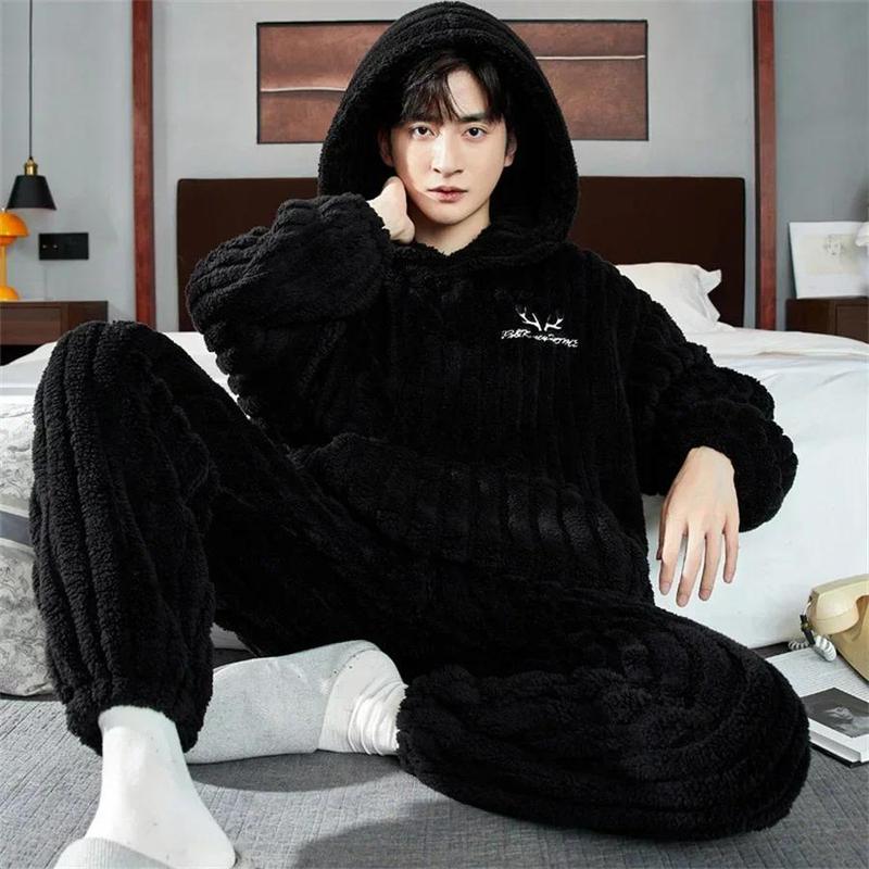 2024 New Winter Warm Coral Fleece Men Pajamas Set Fluffy Tops + Long Pants Sleepwear for Sleeping 2 Piece Homewear Loungewear