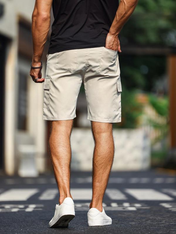 Men's Solid Pocket Cargo Shorts, Regular Fit Casual Elastic Waist Straight Leg Shorts, Summer Woven Bottoms for Men