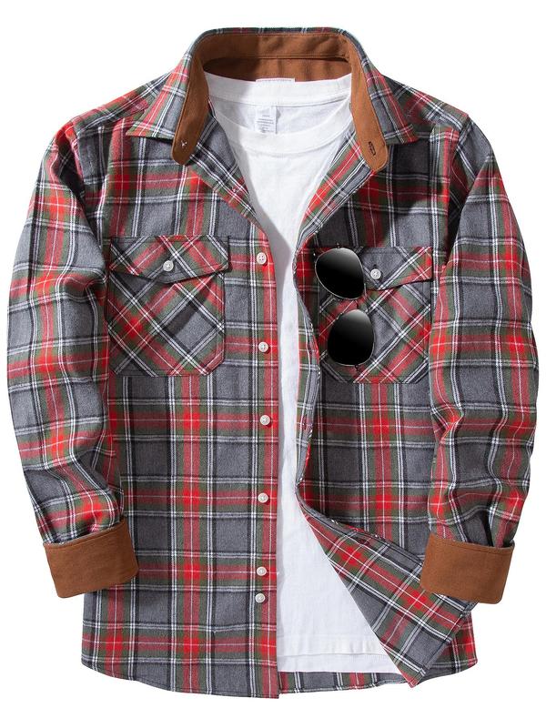 Men's Plaid Print Button Front Shirt, Shirts for Men, 2000s Shirts, Regular Fit Casual Long Sleeve Collared School Tops for Spring & Fall, Men's Clothes for Daily Wear