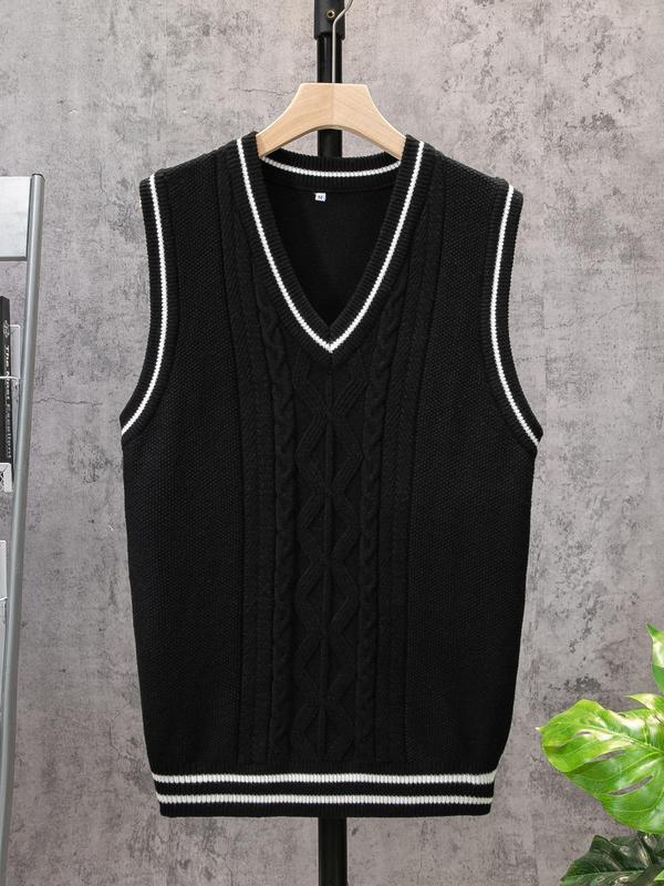 Men's Contrast Trim Textured V Neck Sweater Vest, Regular Fit Casual Soft Comfy Cable Knit Sleeveless Knitwear Top for Spring & Fall, Menswear for Daily Wear