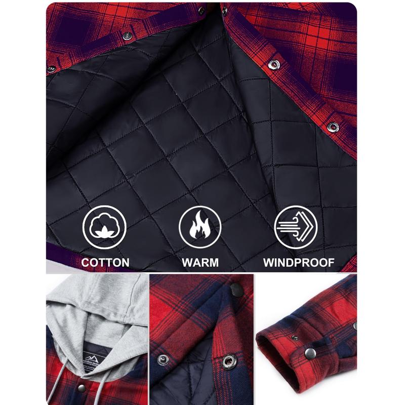 MAGCOMSEN Men's Flannel Shirt Jacket with Hood Quilted Lined Long Sleeve Plaid Hooded Jacket Button Down Winter Warm Coat