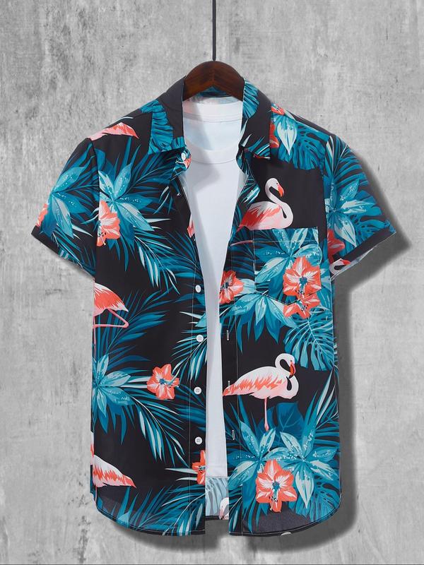 Two-Piece Set Men's Tropical Printed Drawstring Waist Shorts Set, Button Front Shirt & Pocket Shorts, Casual Summer Outfits Clothes Set for Beach Vacation