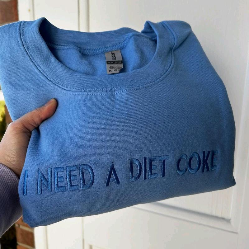 Embroidered “I NEED A DIET COKE” trendy and minimalist monochromatic crewneck neutral