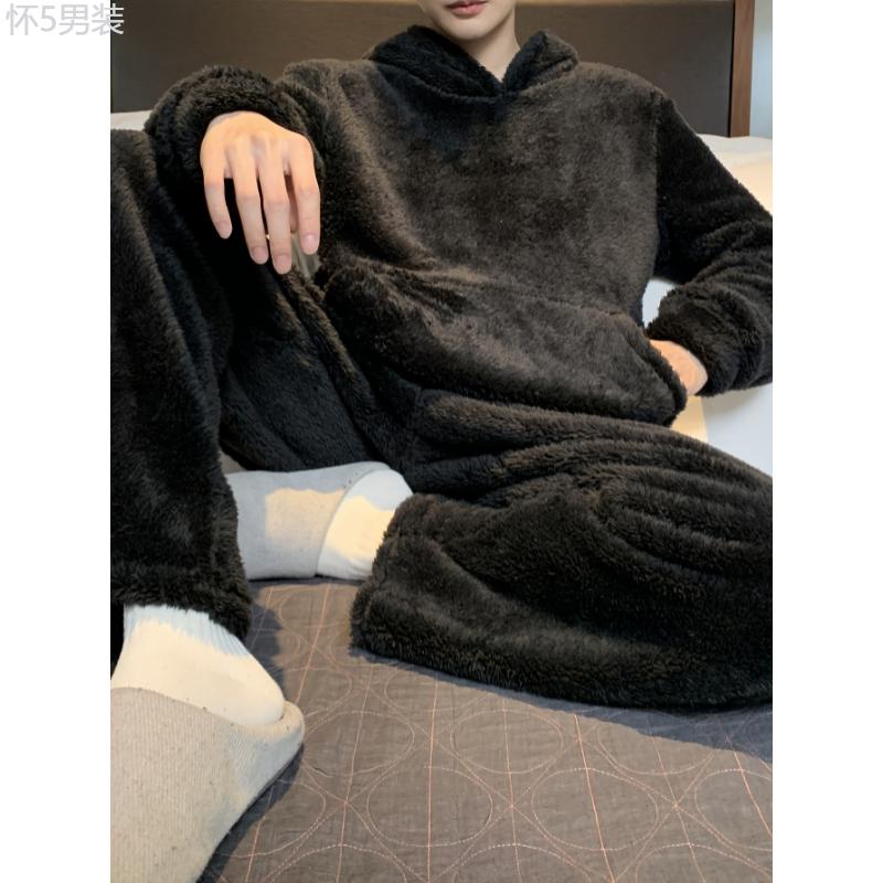 Cozy Flannel Pajama Sets for Men - Soft, Warm, and Comfortable Lounge Wear with Long Sleeve Hoodies Pullover Top and Loose Fitting Pants for Relaxation and Sleep - Perfect for Cold Winter Nights Fabric Loungewear Menswear Nightwear Collar Polyester Pjs