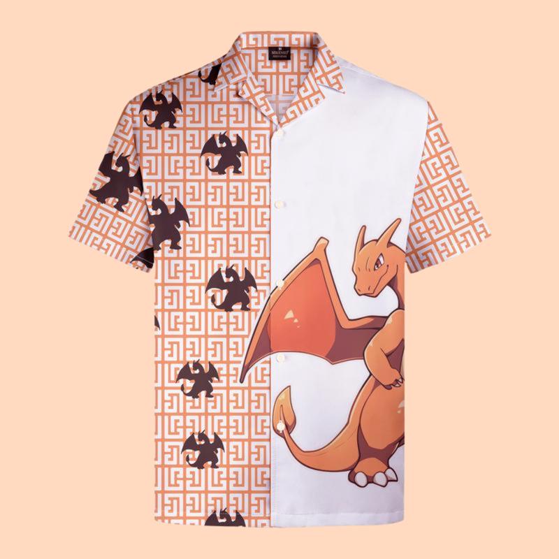 Charmander Charizard Hawaiian Shirt With Pokemon, Halloween Gift, Chrismast Gift Menswear Collar Fabric Loose