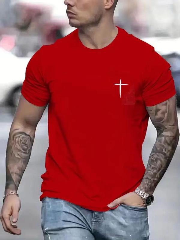 Men's Regular Fit Cross Print Round Neck Tee, Casual Short Sleeve Crew Neck T-Shirt for Summer, Fashion Men's Top for Daily Wear