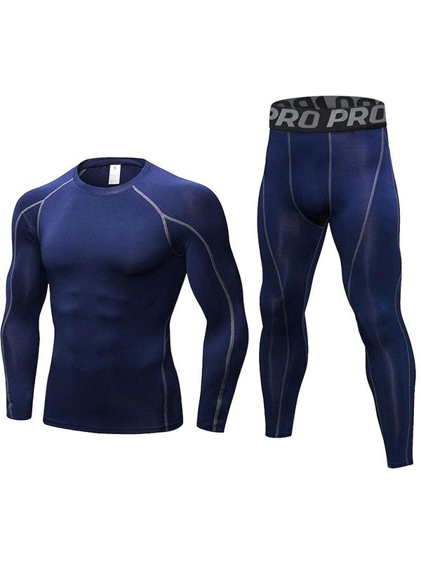 Men's Thermal Underwear Set, Long Sleeve Round Neck Compression Top & Letter Print Leggings, Casual Comfy Thermal Underwear Set for Fall & Winter