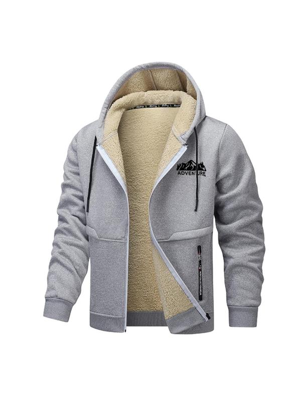 Men's Letter Print Drawstring Pocket Hooded Jacket, 2024 New Style Regular Fit Casual Long Sleeve Outerwear for Winter, Men's Clothes for Daily Wear