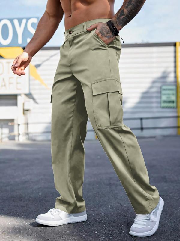 Men's Solid Flap Pocket Cargo Pants, Loose Casual Button Design Trousers for Daily Wear, Fashion Men's Bottoms for All Seasons