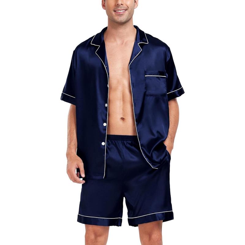 Men Satin Silk Pajamas Sets Short Sleeve Sleepwear Button-Down PJs Sets Two-Pieces Loungewear with Pockets