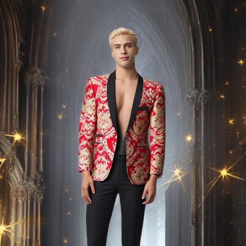 Tuxedo Suits for Men 2 Piece Regular Fit Suit Floral Blazer Jacket Waistcoat Pants Men Suit Set for Wedding Prom-Red& Gold