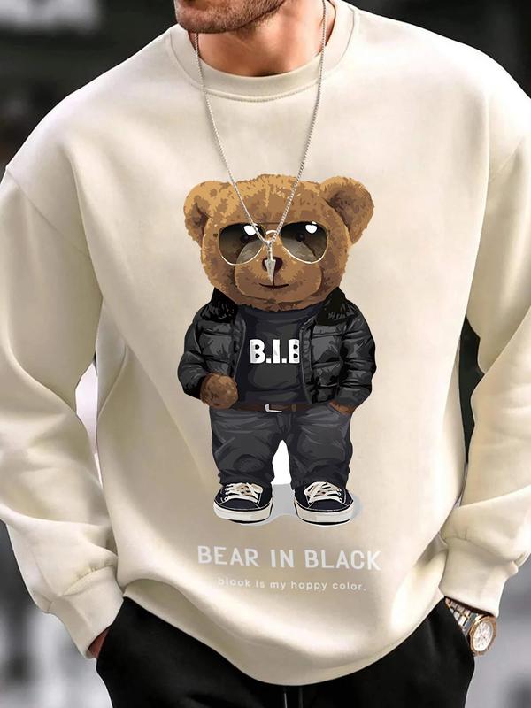 Men's Cartoon Bear Print Round Neck Sleep Sweatshirt, Loose Casual Fashion Drop Shoulder Long Sleeve Pullover for Spring & Fall, Men's Sleep Top for Daily Wear