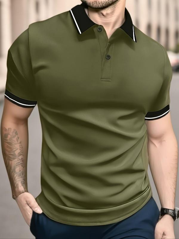 Men's Patchwork Short Sleeve Polo Shirt, Regular Fit Casual Streetwear Button Front Top, Summer Clothes for Men