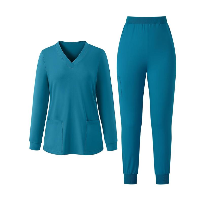 Elegant V-Neck Long Sleeve Scrub Set with Pockets - Stretchy Polyester & Elastane Blend, Machine Washable - For Nurses & Healthcare Professionals - Perfect for Hospital & Clinic Work - Ideal Gift for Nurses & Medical Staff