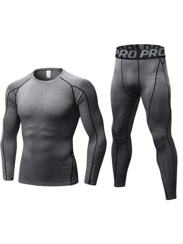 Men's Thermal Underwear Set, Long Sleeve Round Neck Compression Top & Letter Print Leggings, Casual Comfy Thermal Underwear Set for Fall & Winter