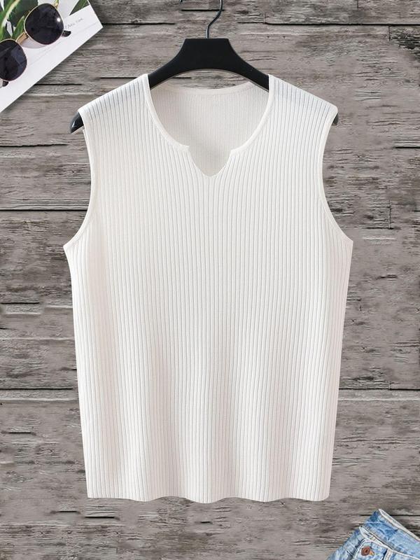 Men's Solid Notched Neck Knit Tank Top, Regular Fit Fashion Casual Sleeveless Knit Top for Summer, Men's Knitwear for Daily Wear