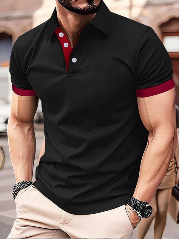 Men's Colorblock Short Sleeve Polo Shirt, Casual Contrast Binding Button Front Top for Summer, Fashion Men's Regular Fit Clothes for Daily Wear