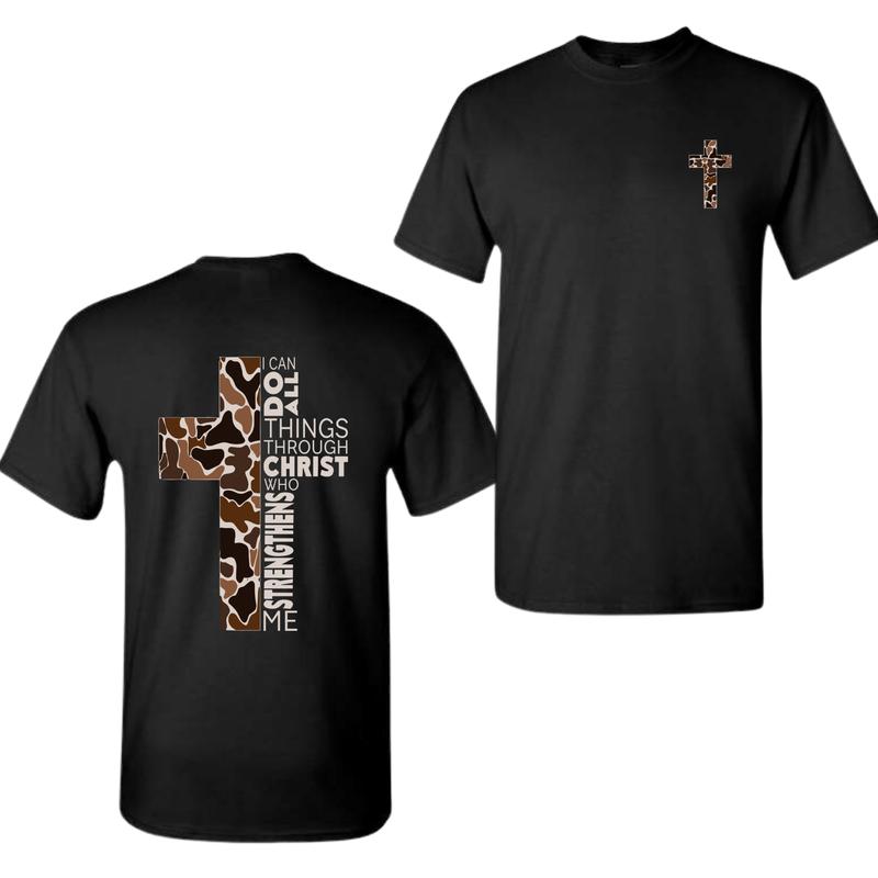 Christian T-Shirt, Camo Cross Design With Philippians 4:13 Verse, Perfect For Faithful Believers And Outdoorsmen