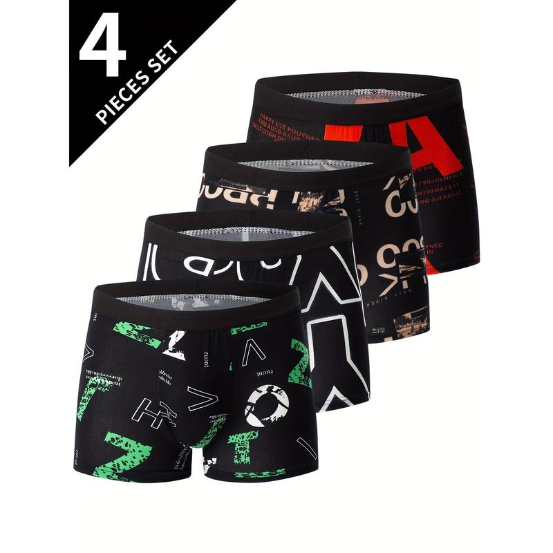 4pcs Breathable Boxer Briefs, Flower Pattern Men's Underwear, Casual Comfy Stretchy Sports Shorts