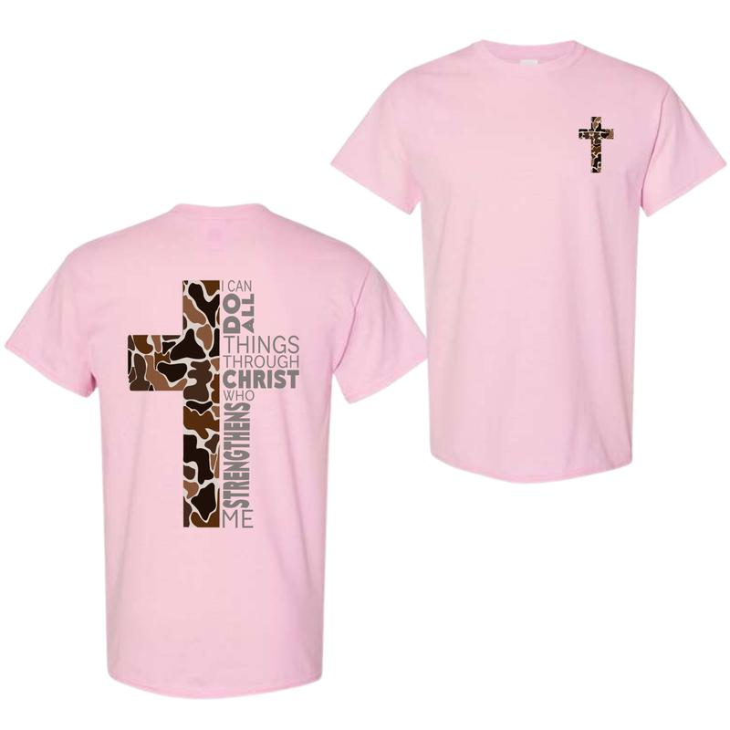 Christian T-Shirt, Camo Cross Design With Philippians 4:13 Verse, Perfect For Faithful Believers And Outdoorsmen