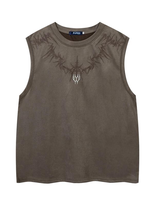 Men's Loose Graphic Embroidery Round Neck Tank Top, Casual Sleeveless Crew Neck Top for Summer, Tank Tops for Men, Fashion Men's Top for Daily Wear