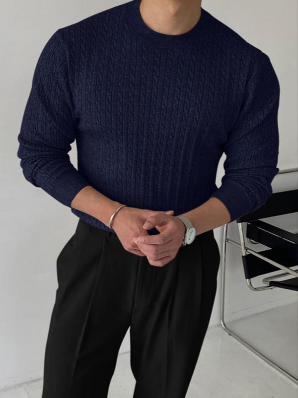 Men's Solid Textured Round Neck Sweater, Slim Casual Long Sleeve Crew Neck Jumper for Fall & Winter, Fashion Men's Knitwear for Daily Wear
