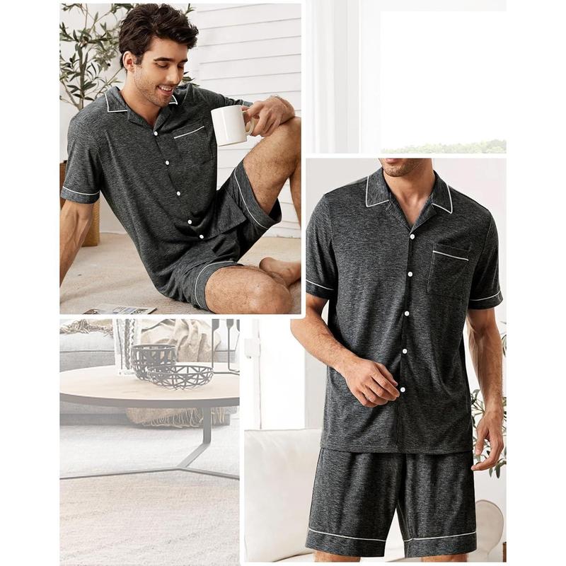 Mens Pajama Sets Short Sleeve Sleepwear Button Down Loungewear Soft Modal Lounge Pjs with Pockets S-XXL