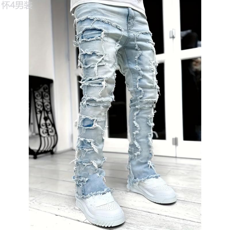 Y2k Inspired Mens Stretch Denim Jeans - Hip Hop Raw Trim, Comfortable Casual Street Style Pants Menswear Spandex