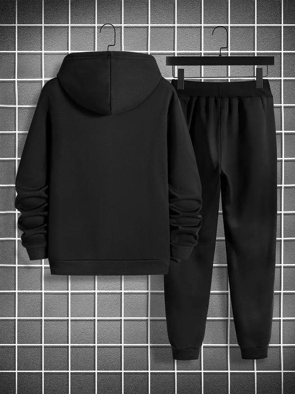 Men's Cross Print Pocket Sweatshirt & Drawstring Waist Sweatpants Set, Regular Fit Casual Long Sleeve Hooded Pullover & Jogger Pants, Men's Fall & Winter Clothes