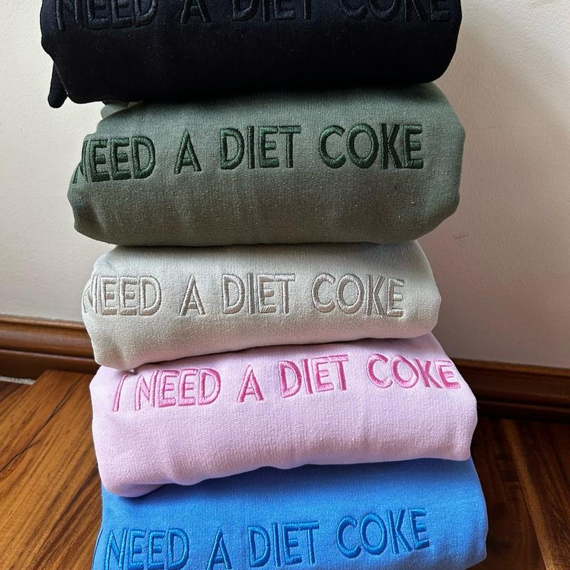 Embroidered “I NEED A DIET COKE” trendy and minimalist monochromatic crewneck neutral