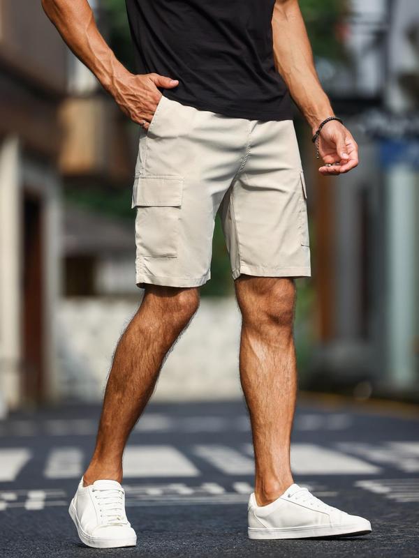 Men's Solid Pocket Cargo Shorts, Regular Fit Casual Elastic Waist Straight Leg Shorts, Summer Woven Bottoms for Men