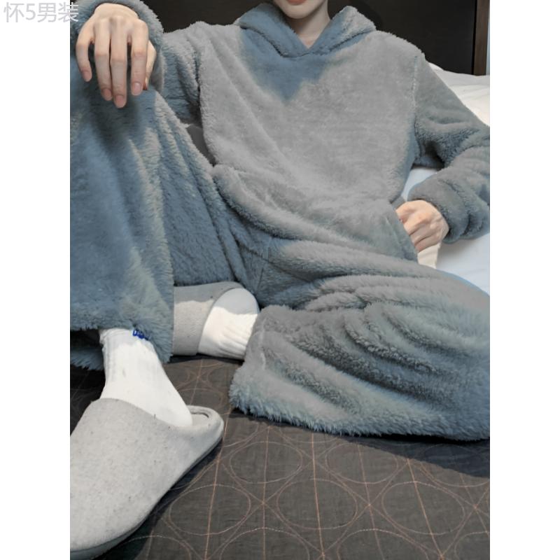 Cozy Flannel Pajama Sets for Men - Soft, Warm, and Comfortable Lounge Wear with Long Sleeve Hoodies Pullover Top and Loose Fitting Pants for Relaxation and Sleep - Perfect for Cold Winter Nights Fabric Loungewear Menswear Nightwear Collar Polyester Pjs