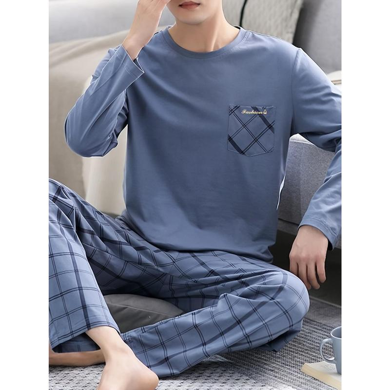 New-1 Set of Men's Classic Comfortable Plaid Pajamas: Soft, Skin-Friendly Long Sleeves & Trousers for Home Wear Loungewear Menswear