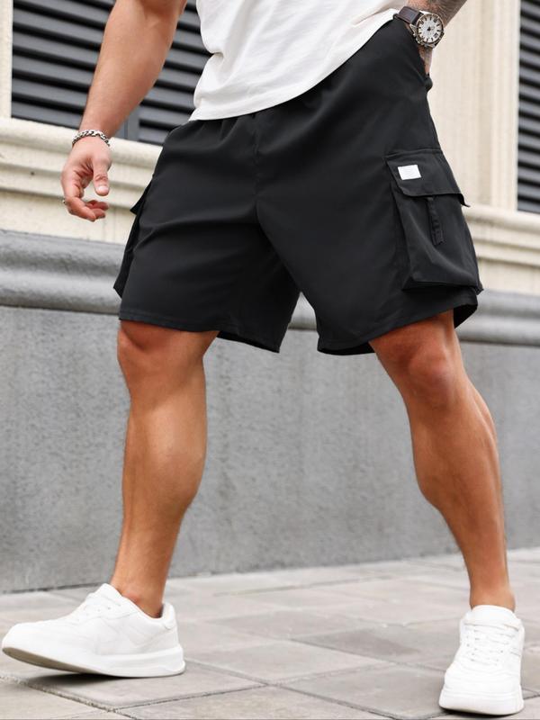 Men's Plus Size Solid Flap Pocket Cargo Shorts, Casual Elastic Waist Shorts for Daily Outdoor Streetwear, Summer Shorts, Plus Size Men's Bottoms for All Seasons