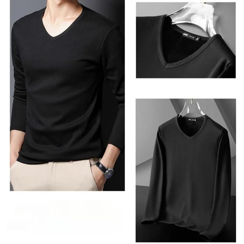 Winter Men Thermal Underwear Long Sleeved Warm Fleece T-shirt Velet T-shirt Solid Color V-Neck Tops Winter Slim Warm T-shirt