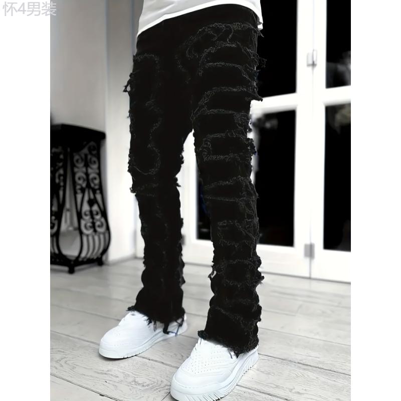 Y2k Inspired Mens Stretch Denim Jeans - Hip Hop Raw Trim, Comfortable Casual Street Style Pants Menswear Spandex