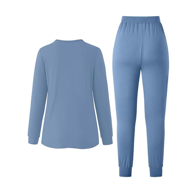 Elegant V-Neck Long Sleeve Scrub Set with Pockets - Stretchy Polyester & Elastane Blend, Machine Washable - For Nurses & Healthcare Professionals - Perfect for Hospital & Clinic Work - Ideal Gift for Nurses & Medical Staff