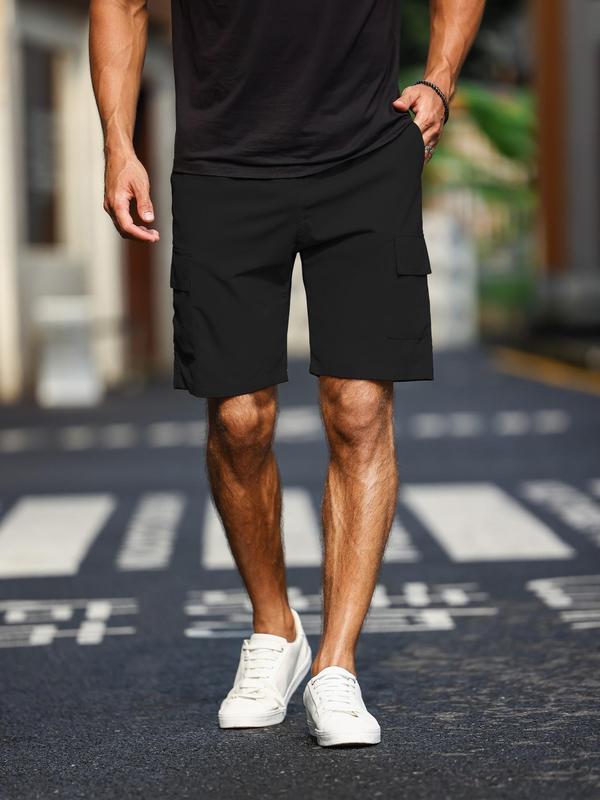 Men's Solid Pocket Cargo Shorts, Regular Fit Casual Elastic Waist Straight Leg Shorts, Summer Woven Bottoms for Men