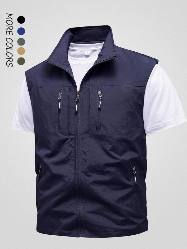 Men's Solid Pocket Zipper Vest Waistcoats, Regular Fit Casual Sleeveless Collared Outerwear for Fall & Winter, Men's Clothes for Outdoor Activities Tops