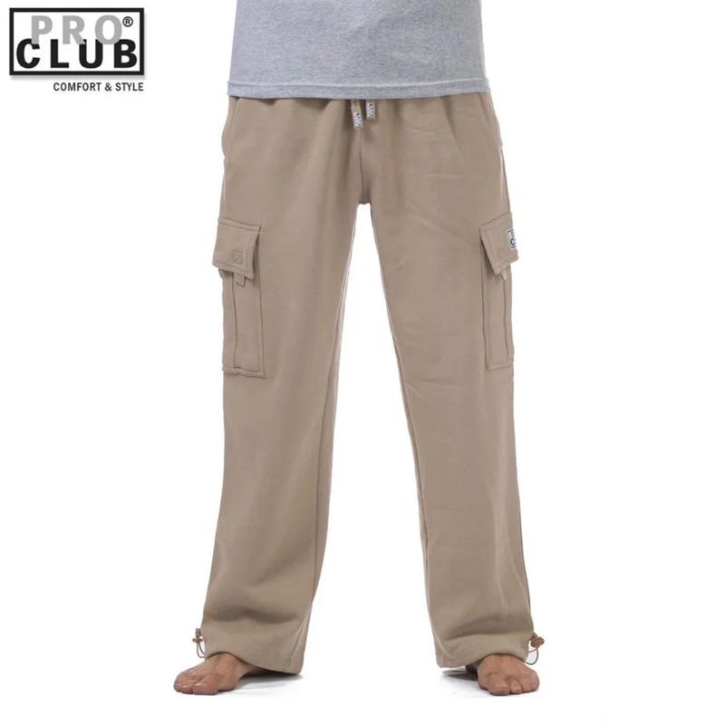 Pro Club Men's Heavyweight Cargo Sweatpants Pro Club casual fleece pants hip hop Harem casual regular fit Big and Tall Plain fabric menswear pocket elastic polyester relaxed fit Cotton Cargo Pants Trouser Thick Beige