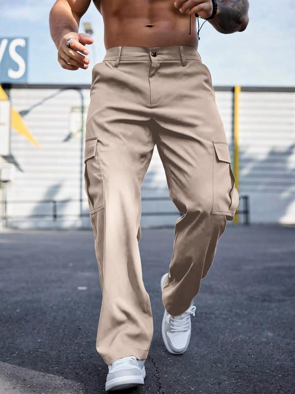 Men's Solid Flap Pocket Cargo Pants, Loose Casual Button Design Trousers for Daily Wear, Fashion Men's Bottoms for All Seasons