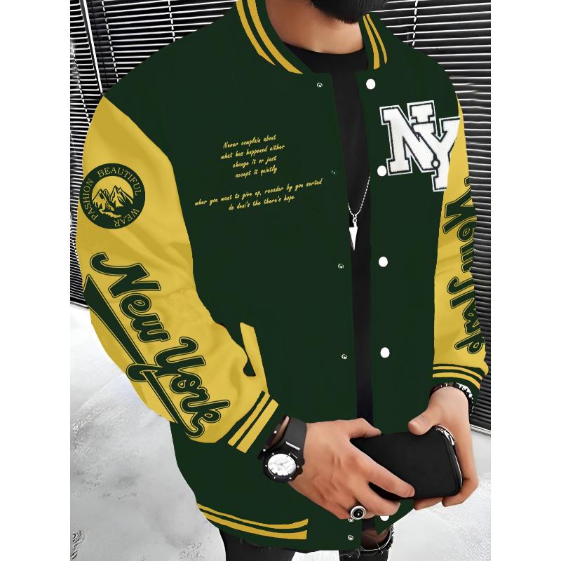 New York Series Men's Casual Fleece Baseball Jacket - 100% Polyester Knit Fabric, Slight Stretch, Alphabets Pattern, Regular Fit Fall Winter Jacket with Baseball Collar Style Menswear Coats Menswear Coats Menswear Coats Menswear Coats Menswear Coats Tops