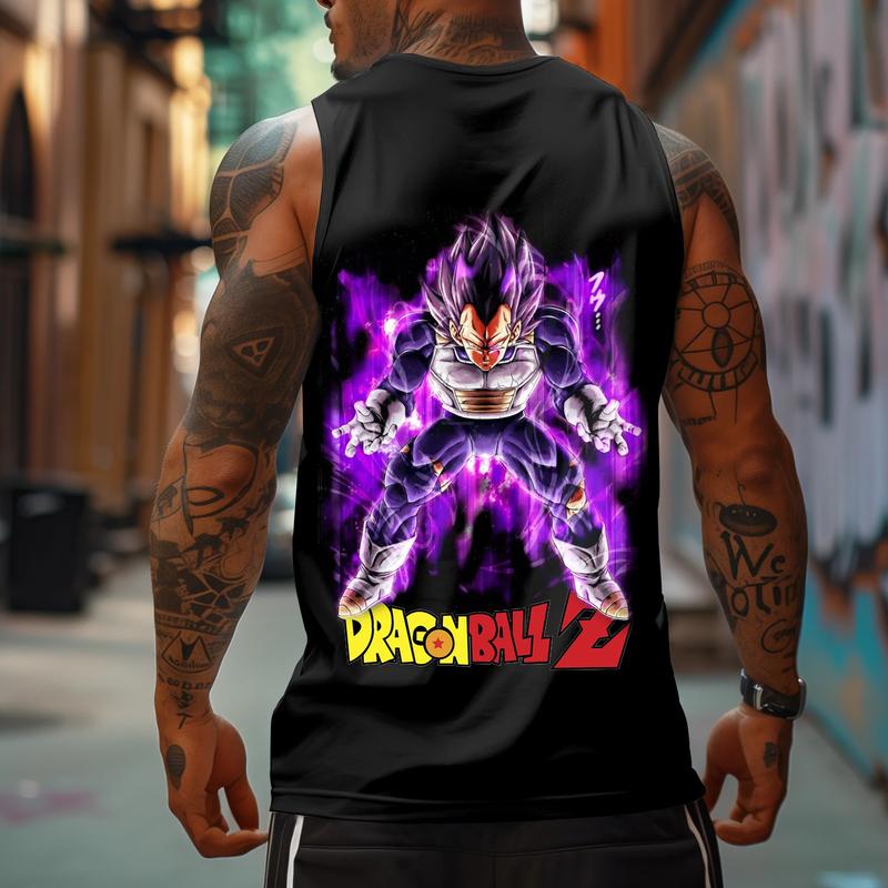 Casual Dragon Ball Anime Vegeta Print Tank Top, Manga Tank Top For Men, Anime Printed T-shirt, Anime Manga Shirt, DB Gift For Fans, Gift For Anime Lovers, Gift For Him, Gift For Her