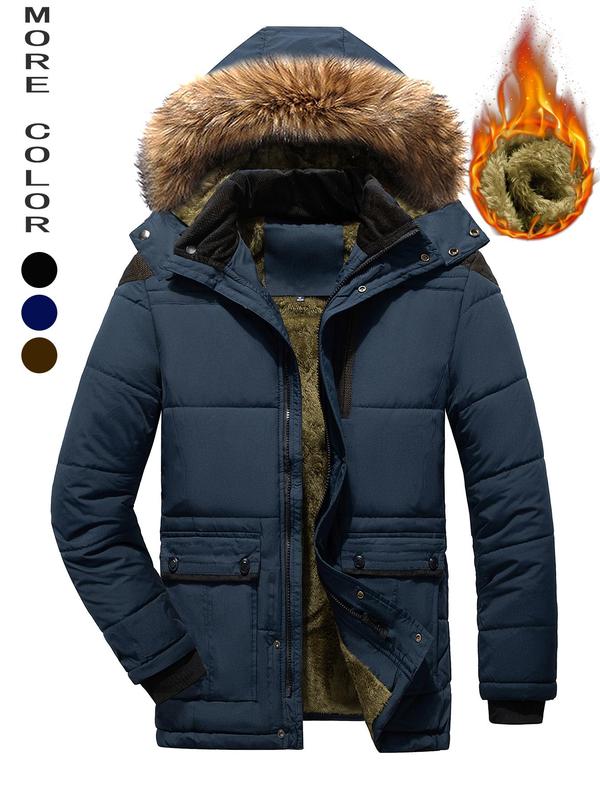 Men's Regular Fit Contrast Faux Fur Thermal  Lined Hooded Winter Coat, Casual Long Sleeve Zip Up Outerwear for Fall & Winter, Men's Clothes for Daily Wear