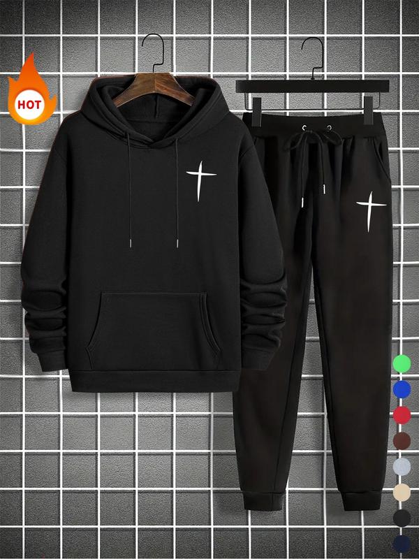 Men's Cross Print Pocket Sweatshirt & Drawstring Waist Sweatpants Set, Regular Fit Casual Long Sleeve Hooded Pullover & Jogger Pants, Men's Fall & Winter Clothes