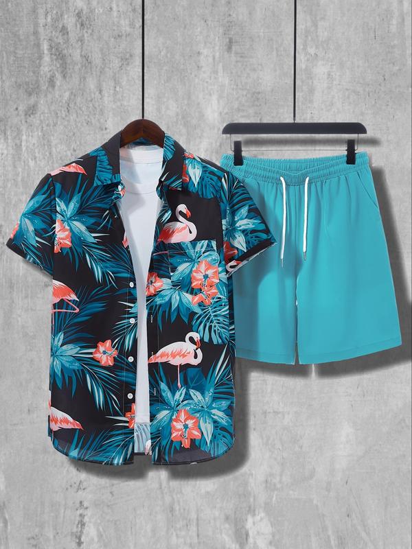 Two-Piece Set Men's Tropical Printed Drawstring Waist Shorts Set, Button Front Shirt & Pocket Shorts, Casual Summer Outfits Clothes Set for Beach Vacation