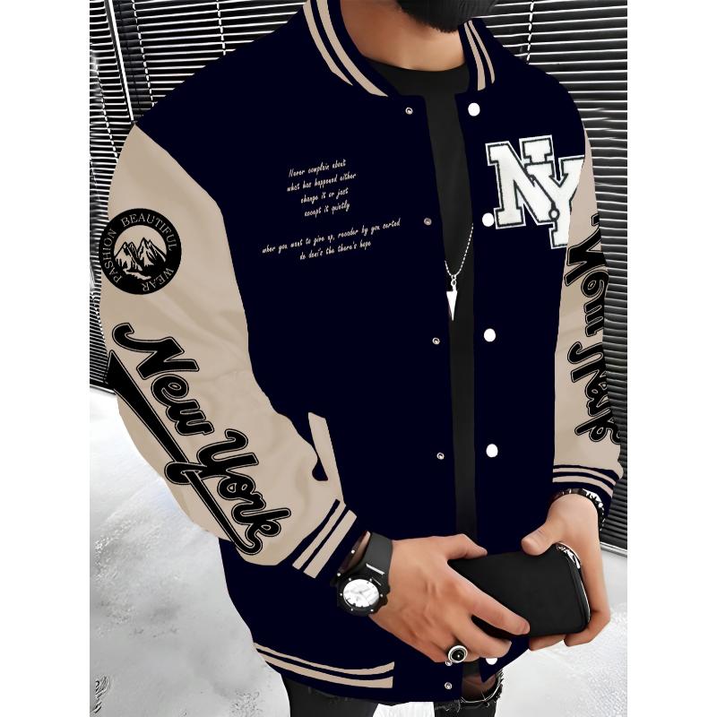 New York Series Men's Casual Fleece Baseball Jacket - 100% Polyester Knit Fabric, Slight Stretch, Alphabets Pattern, Regular Fit Fall Winter Jacket with Baseball Collar Style Menswear Coats Menswear Coats Menswear Coats Menswear Coats Menswear Coats Tops