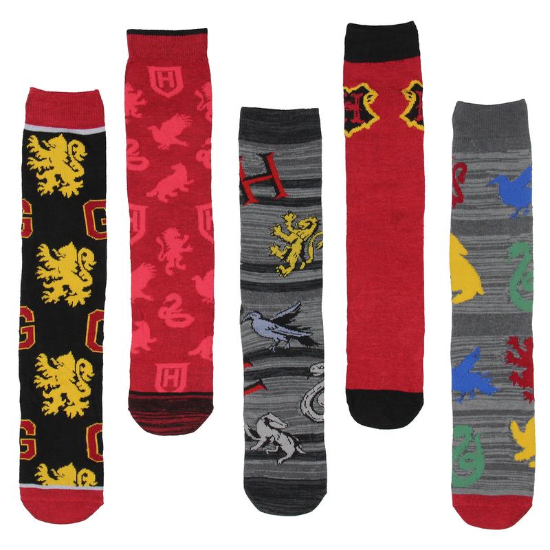 Harry Potter Socks Hogwarts Crest and Animal Designs 5 Pair Adult Casual Crew Socks