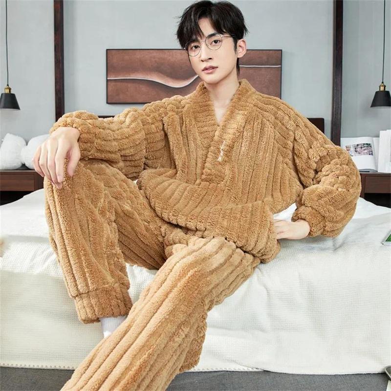 2024 New Winter Warm Coral Fleece Men Pajamas Set Fluffy Tops + Long Pants Sleepwear for Sleeping 2 Piece Homewear Loungewear