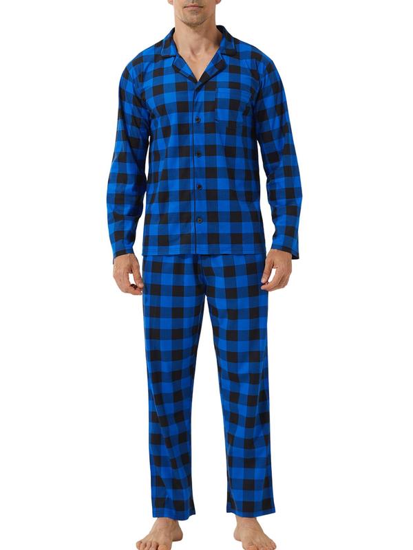 Men's Plaid Print Button Front Pocket Top & Pants Loungewear Two-piece Set, Casual Comfy Long Sleeve Lapel Neck Top & Pocket Pants Lounge Set, Men's Loungewear for Spring & Fall